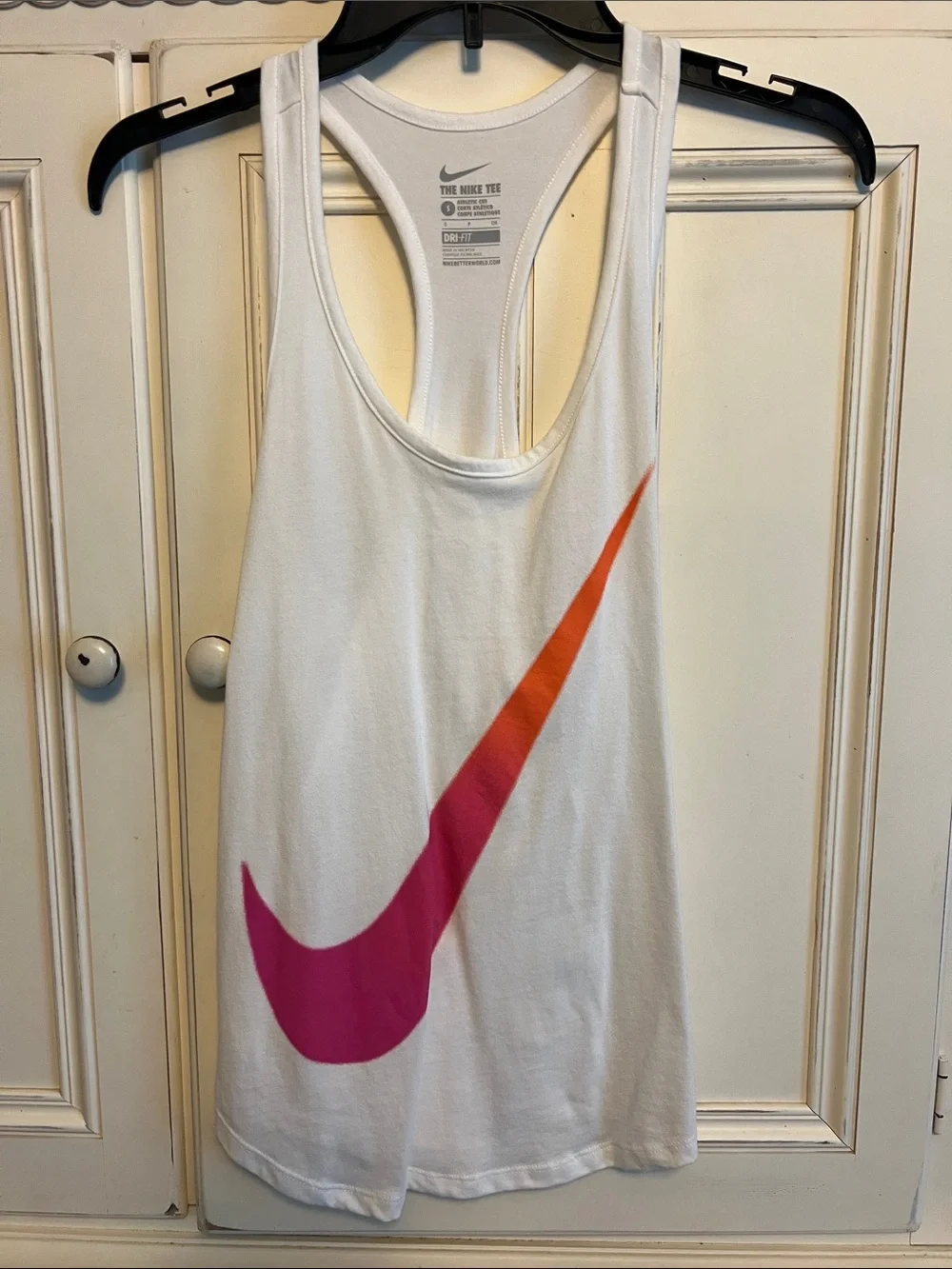 Nike White Racerback Tank with Pink-to-Orange Swoosh